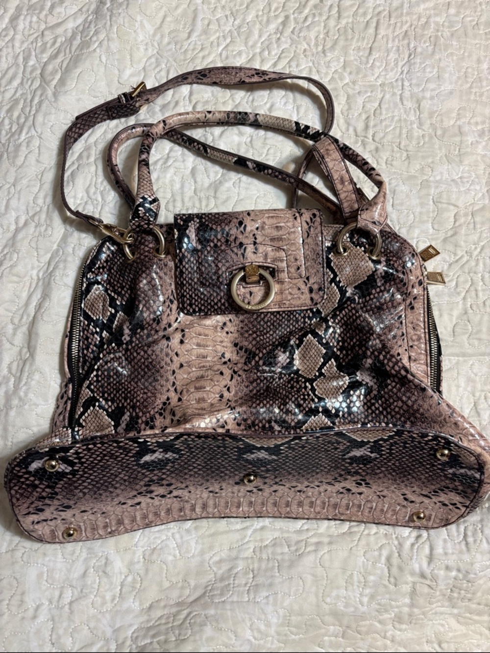 Women’s FIORELLI Snake-Print Satchel Handbag in black and taupe.